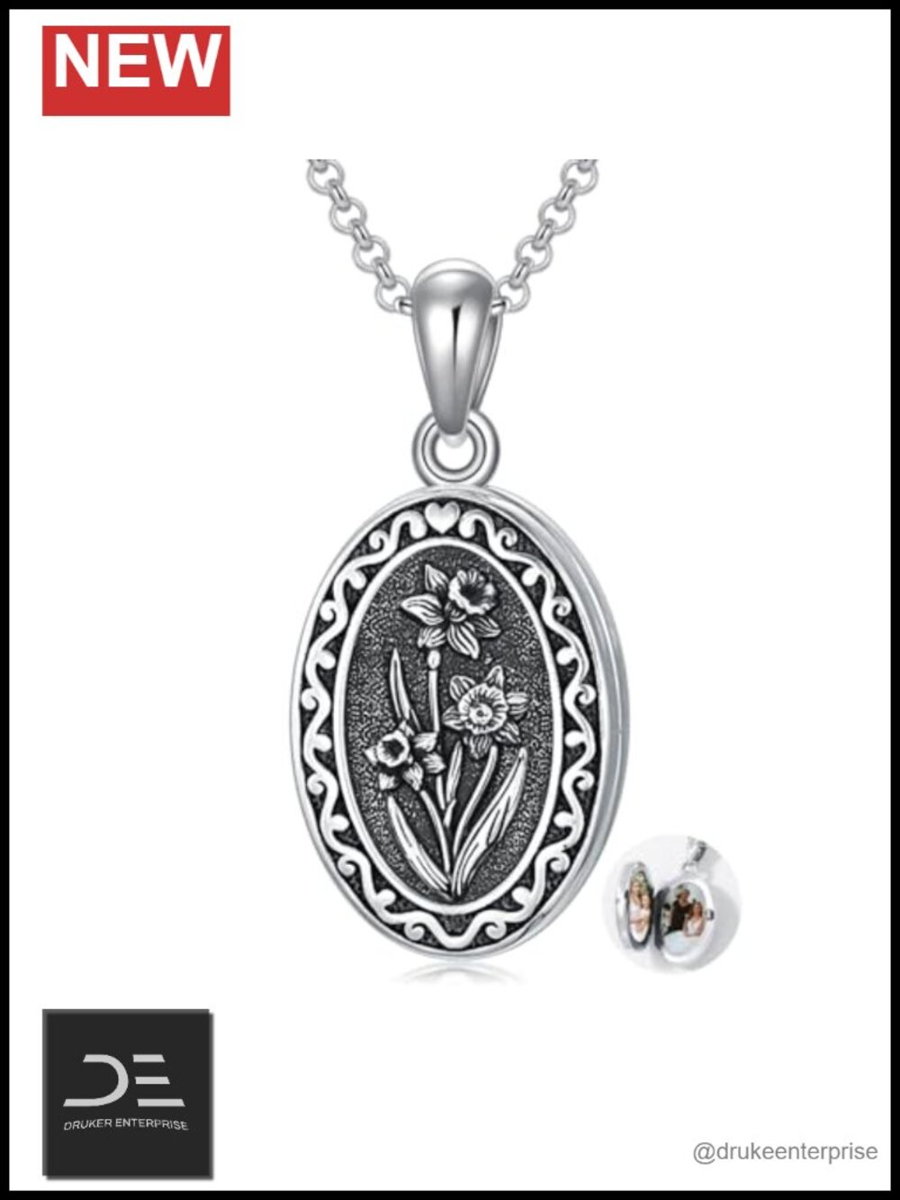 Sterling Silver Birth Flower Photo Locket Necklace with Picture 12 Month